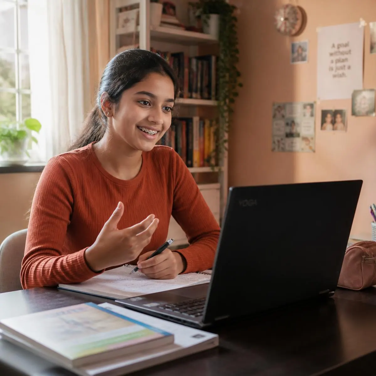 A teenage student speaking during a live online language class