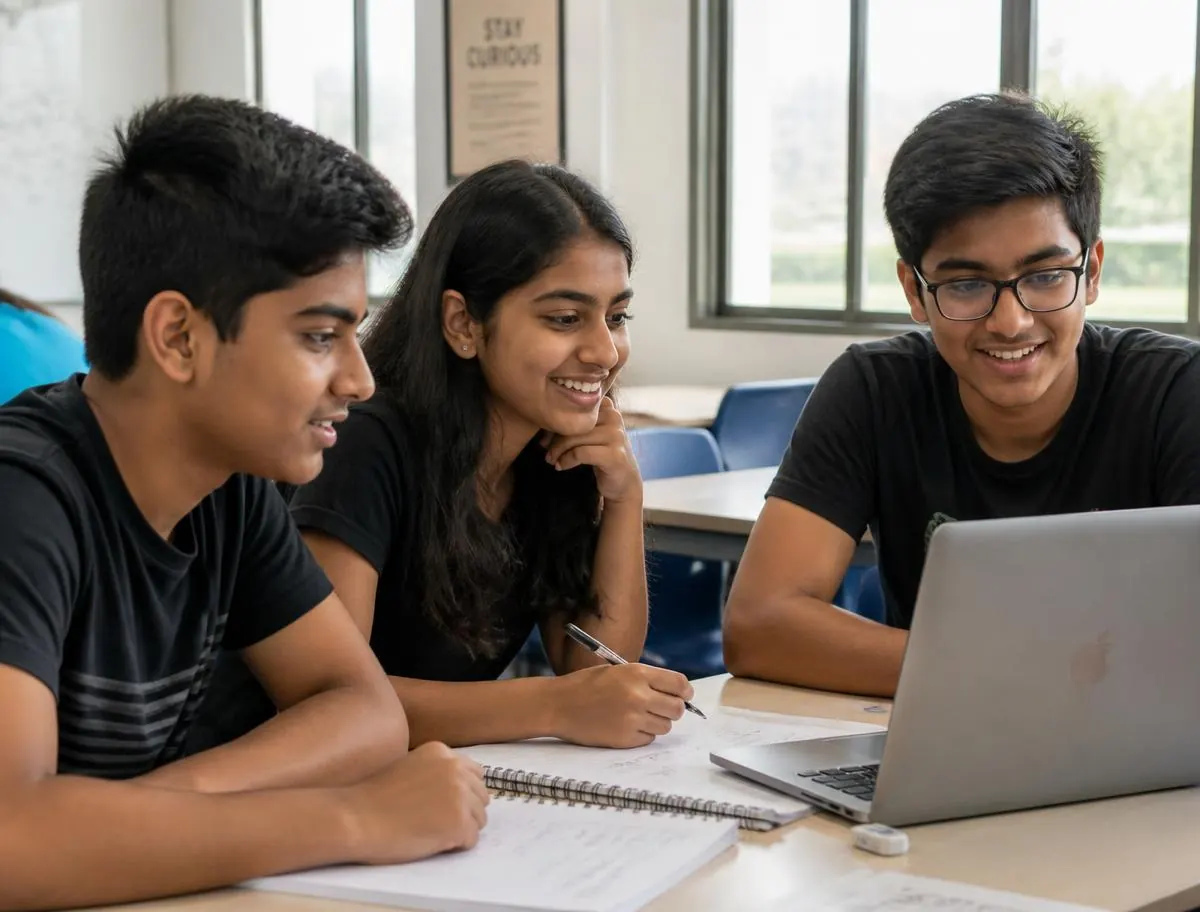 Teenage students learning together with notebooks and a laptop