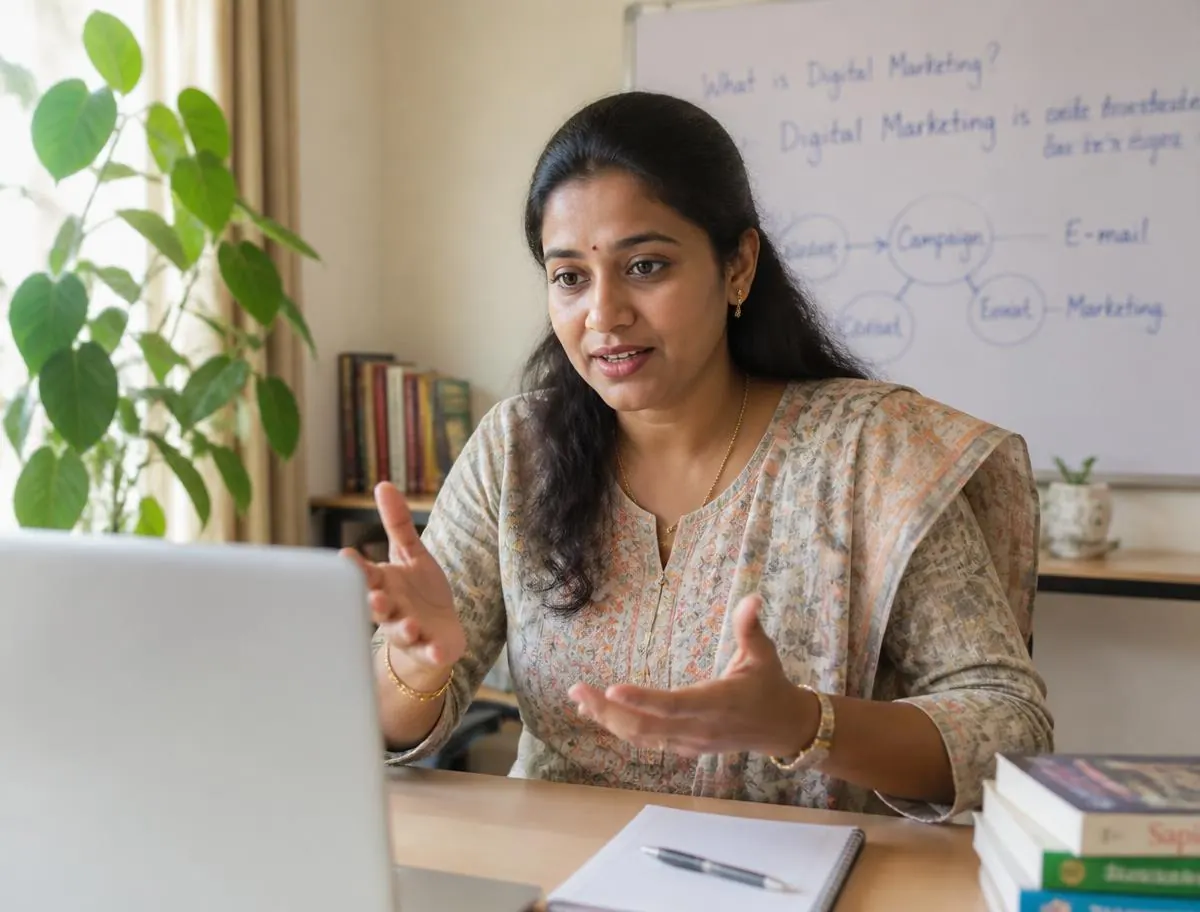 A teacher leading a live online language lesson